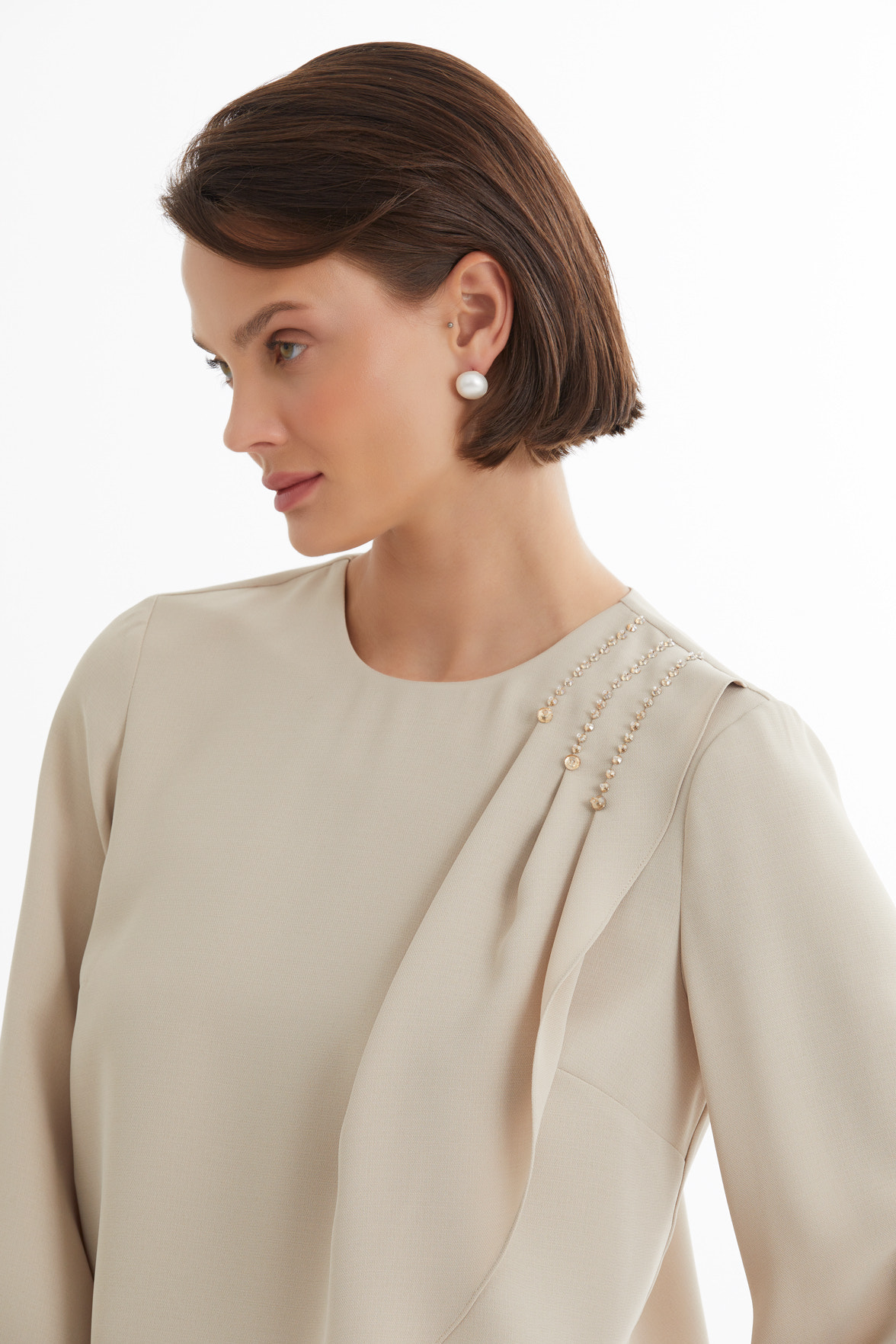 Bej Asimetrik Bluz Pantolon Takım