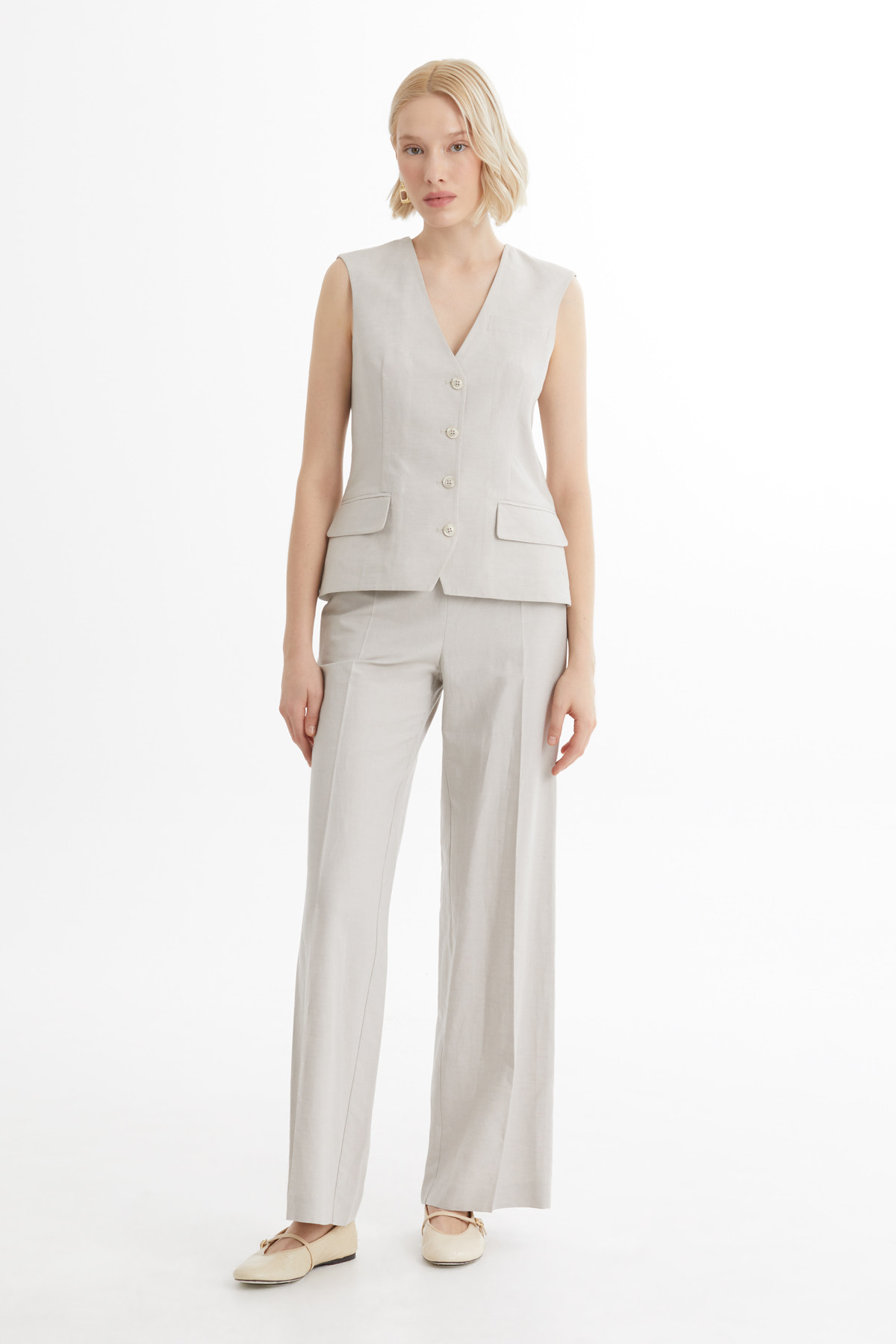 Bej Keten Karışımlı Yelek Pantolon Takım