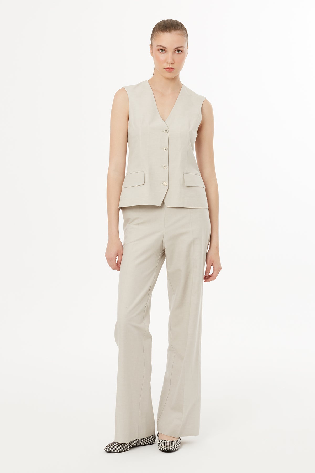 Keten Karışımlı Yelek Pantolon Bej Takım