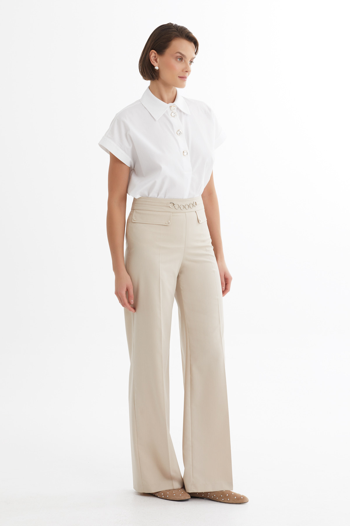 Zincir Detaylı Boru Paça Bej Pantolon