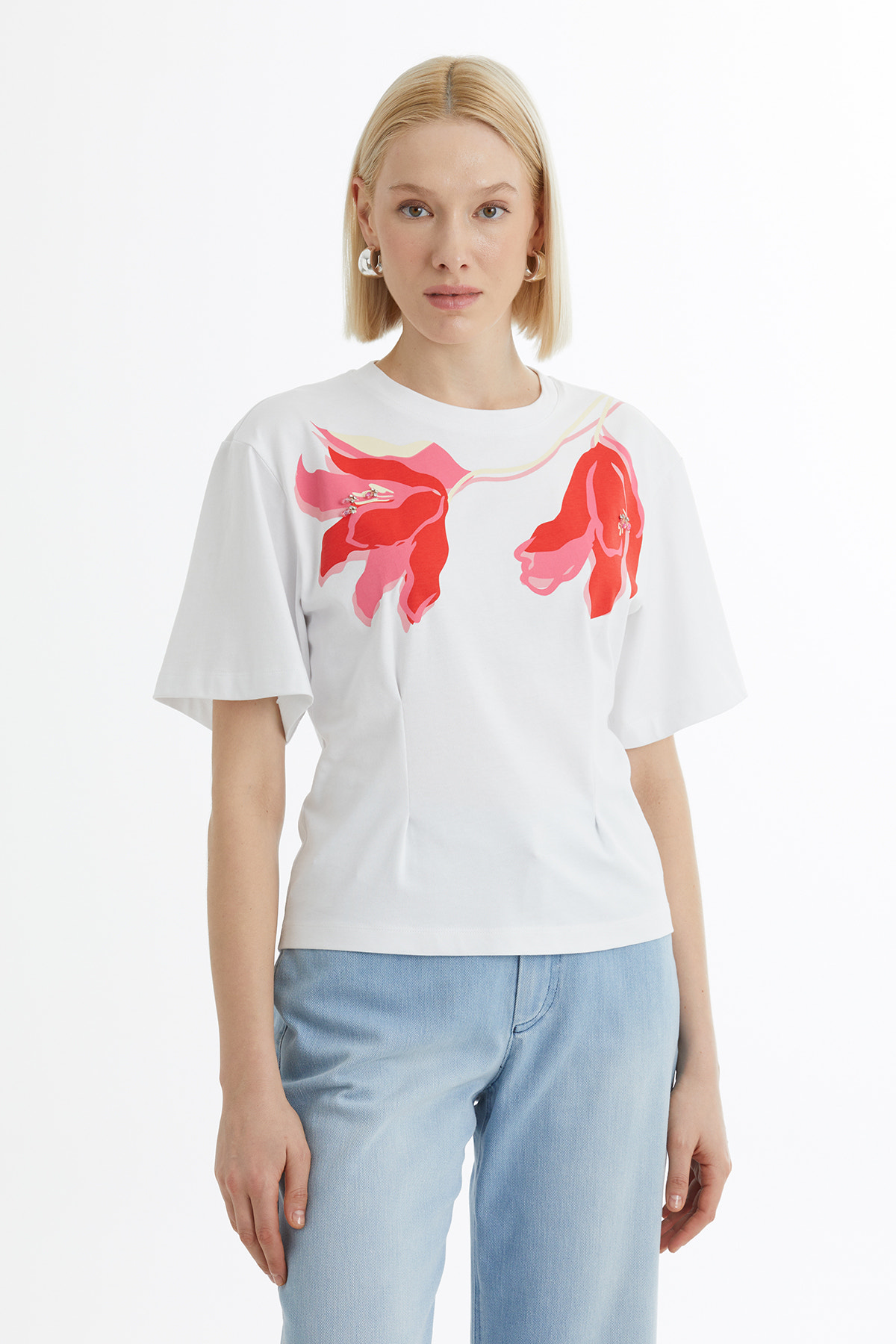 Baskı Ve İşlemeli Beyaz T-Shirt