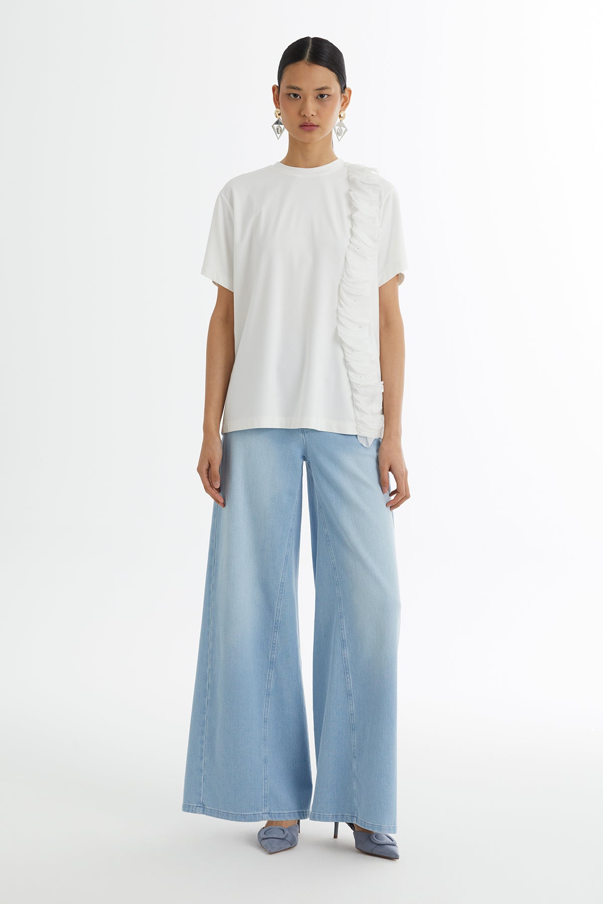 Tül Şerit Aksesuarlı Ekru T-Shirt