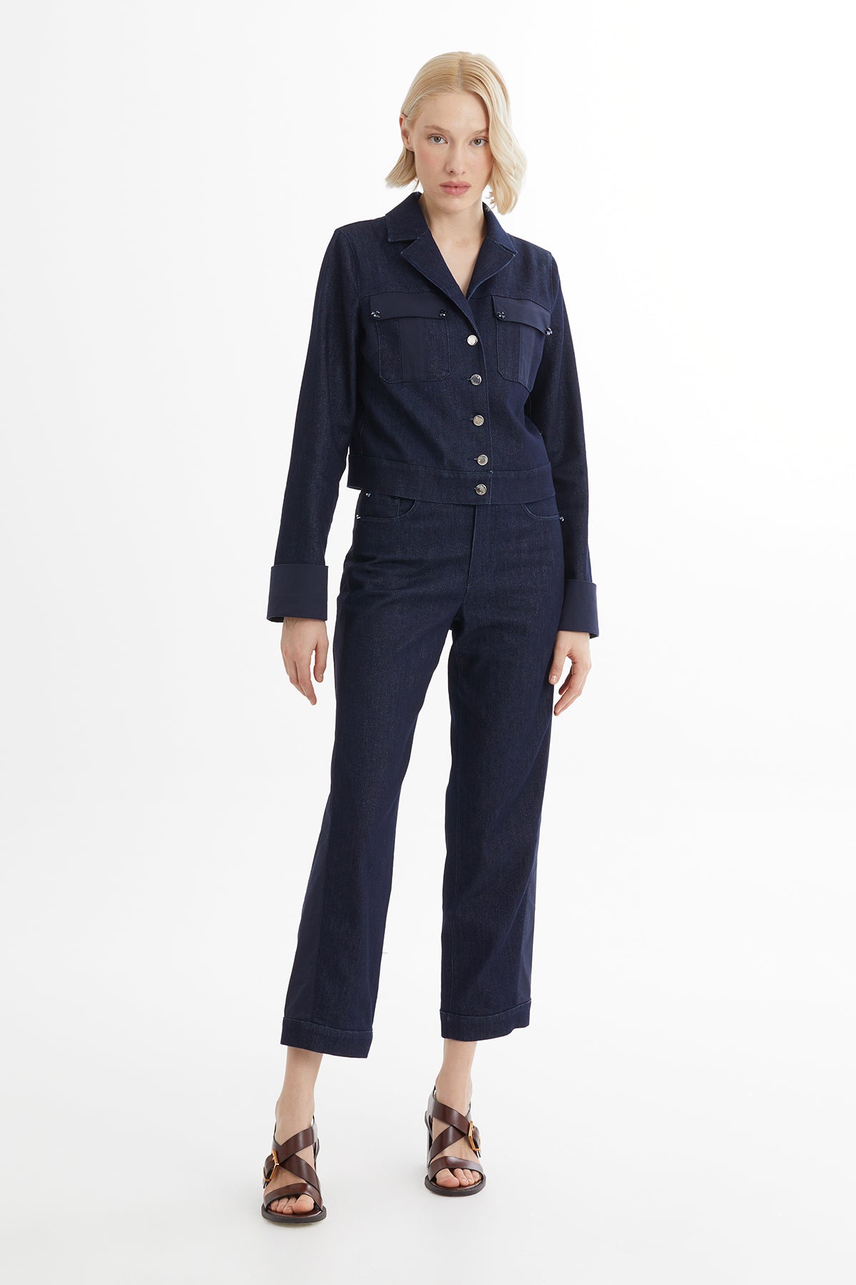 İşleme Detaylı Lacivert Jean Ceket