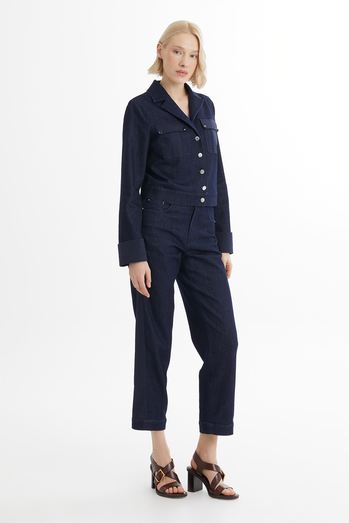 İşleme Detaylı Lacivert Denim Ceket