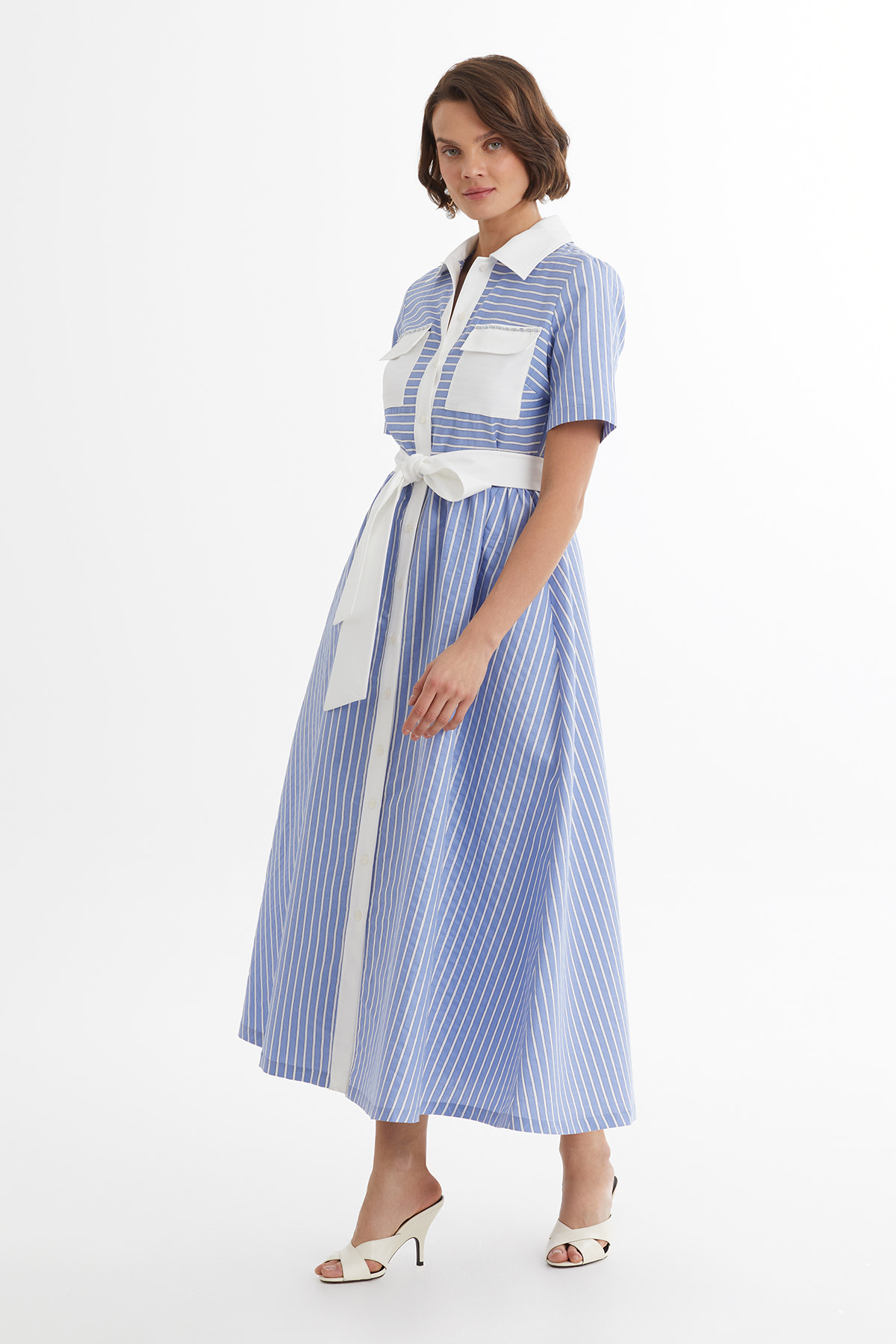 Kuşak Bağlamalı Çizgili Mavi Elbise