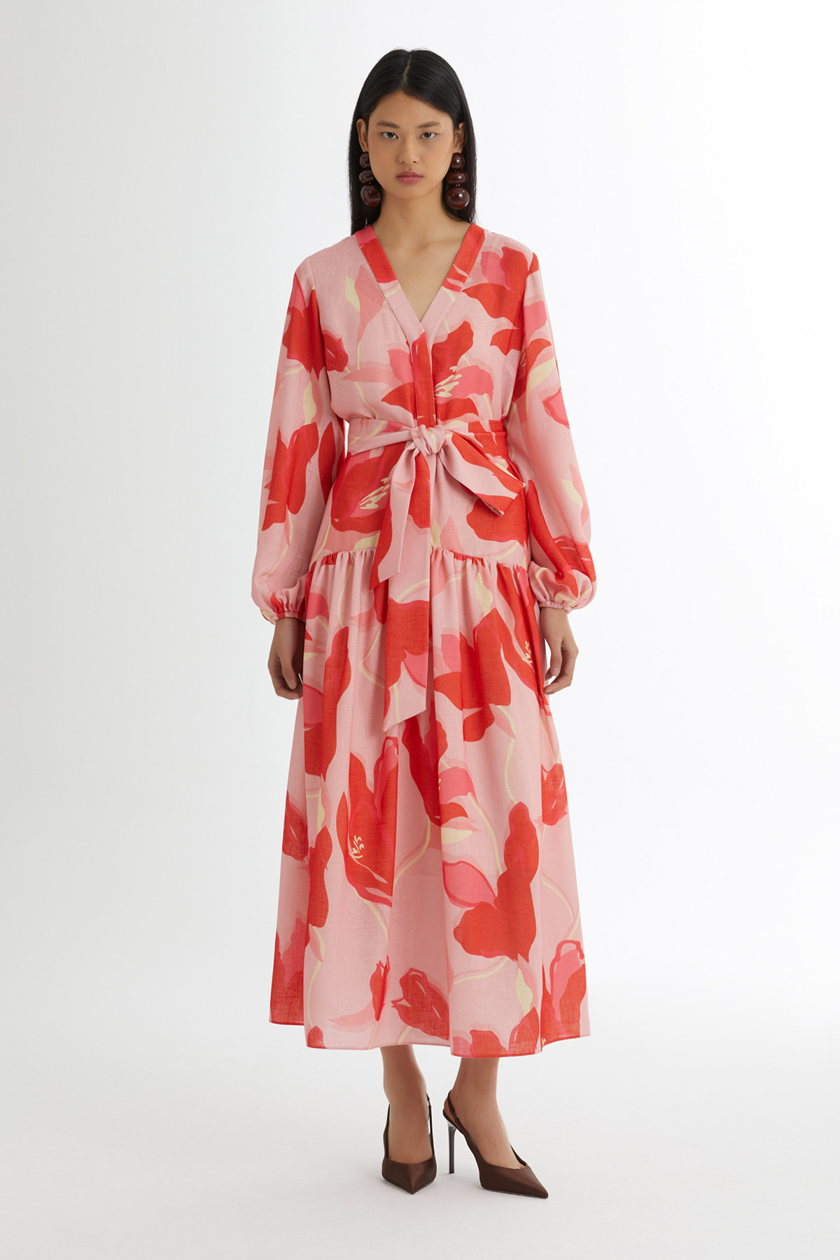 Kuşak Bağlamalı Desenli Pembe Elbise