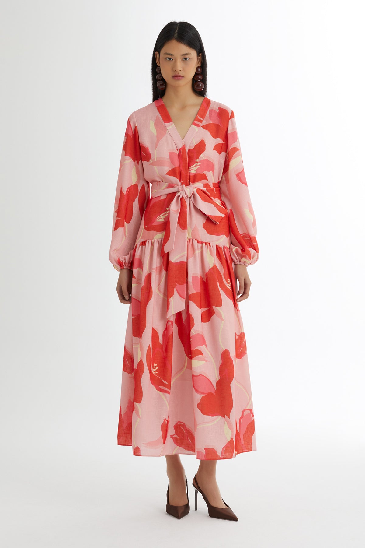 Kuşak Bağlamalı Desenli Pembe Elbise