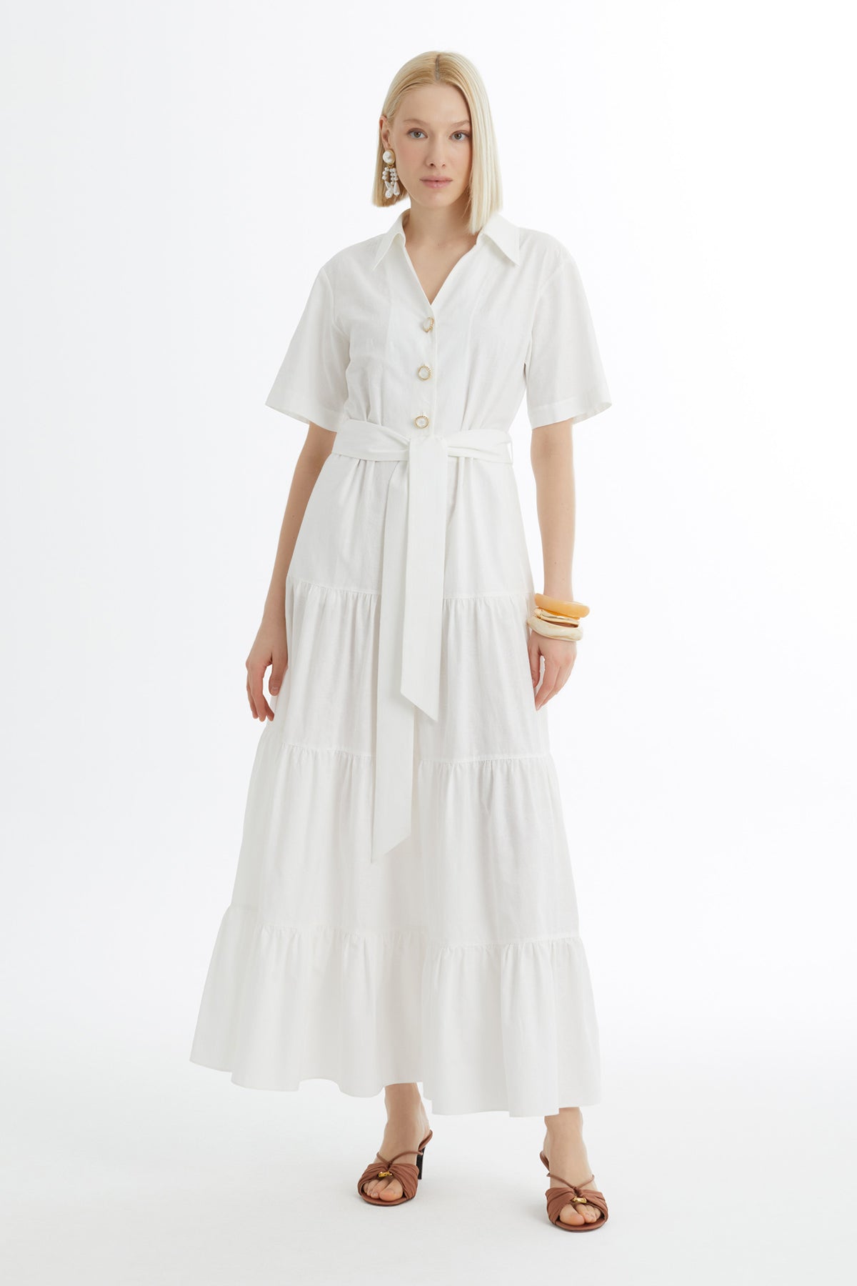 Kuşak Bağlamalı Büzgülü Ekru Elbise