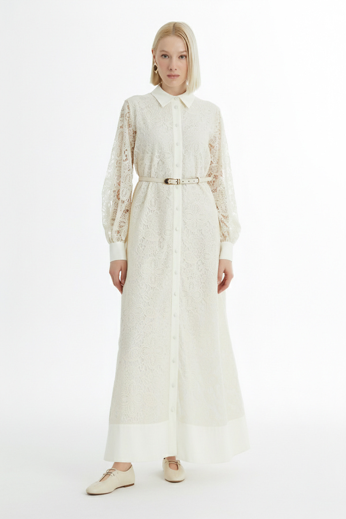 Balon Kollu Desenli Ekru Elbise