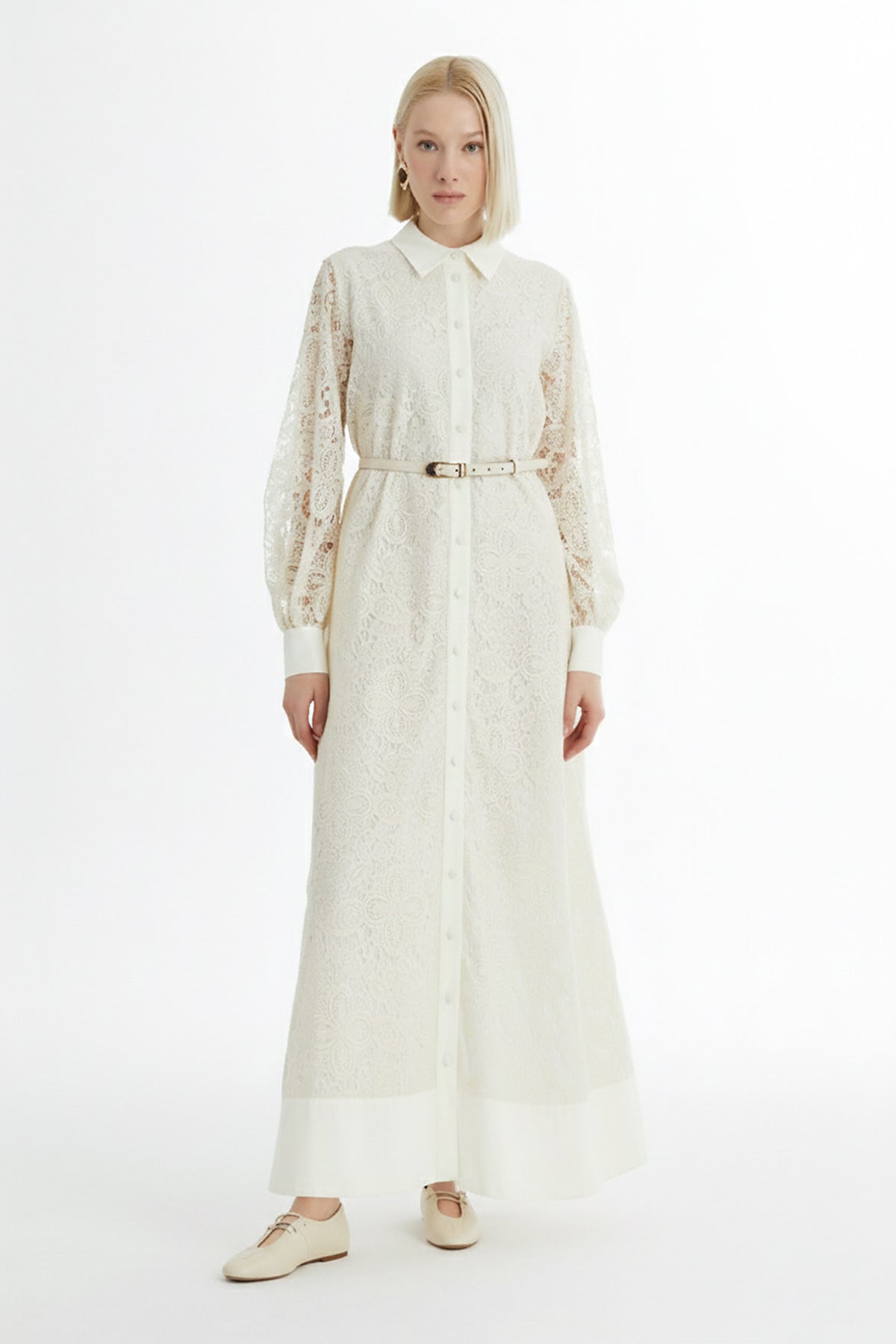 Balon Kollu Desenli Ekru Elbise