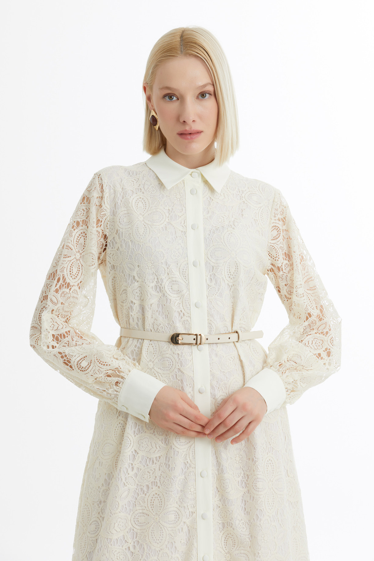 Balon Kollu Desenli Ekru Elbise