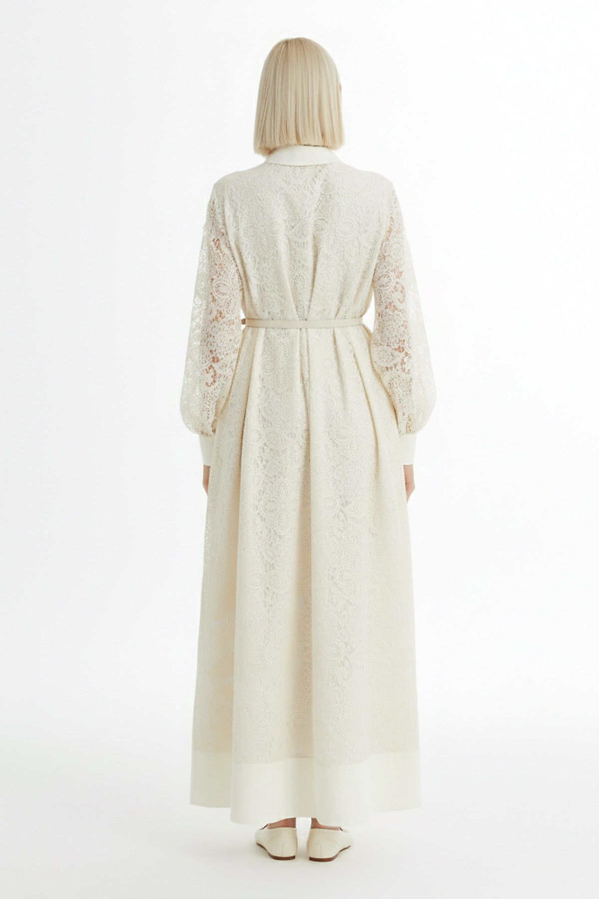 Balon Kollu Desenli Ekru Elbise