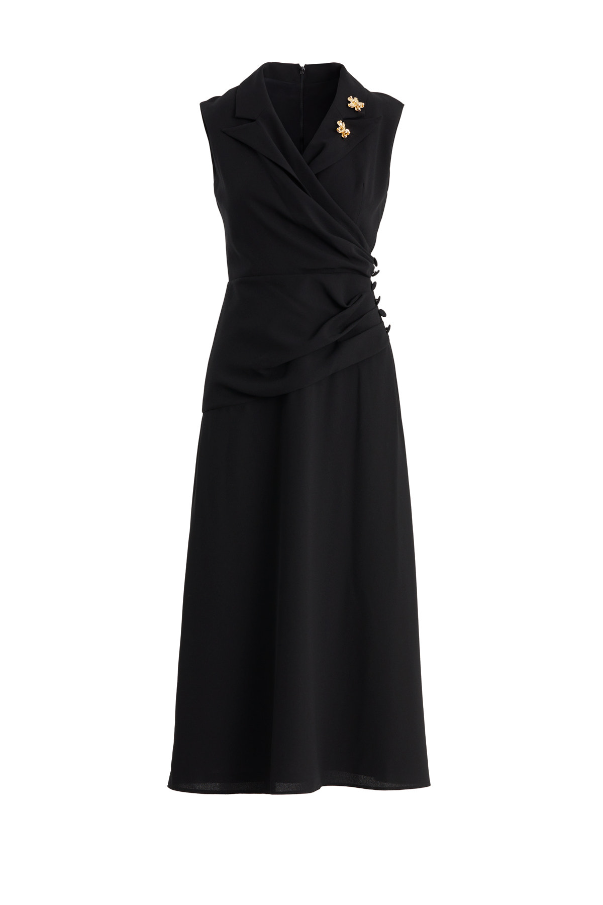 Belden Pileli Broş Detaylı Midi Siyah Elbise