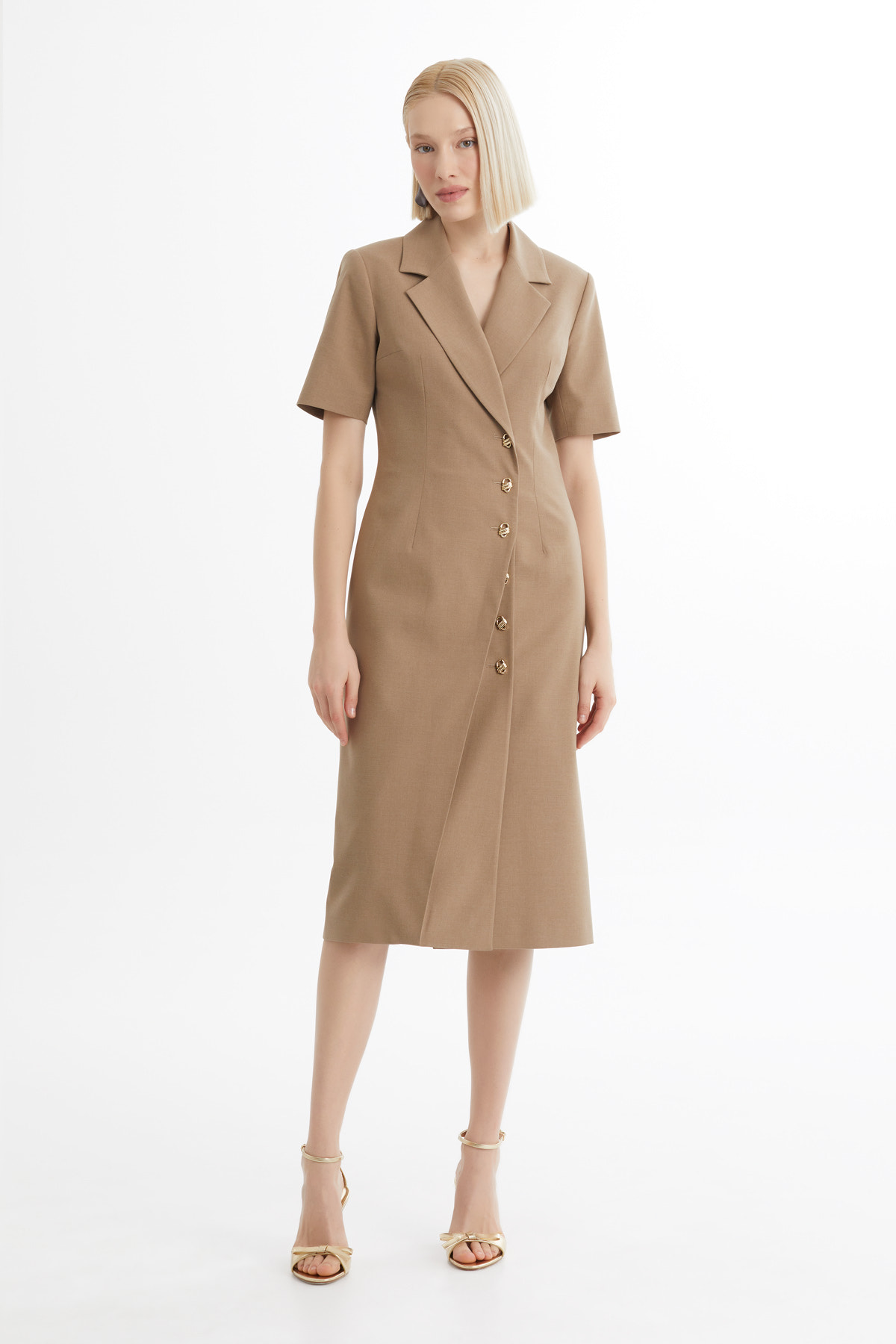 Kısa Kollu Midi Boy Bej Elbise