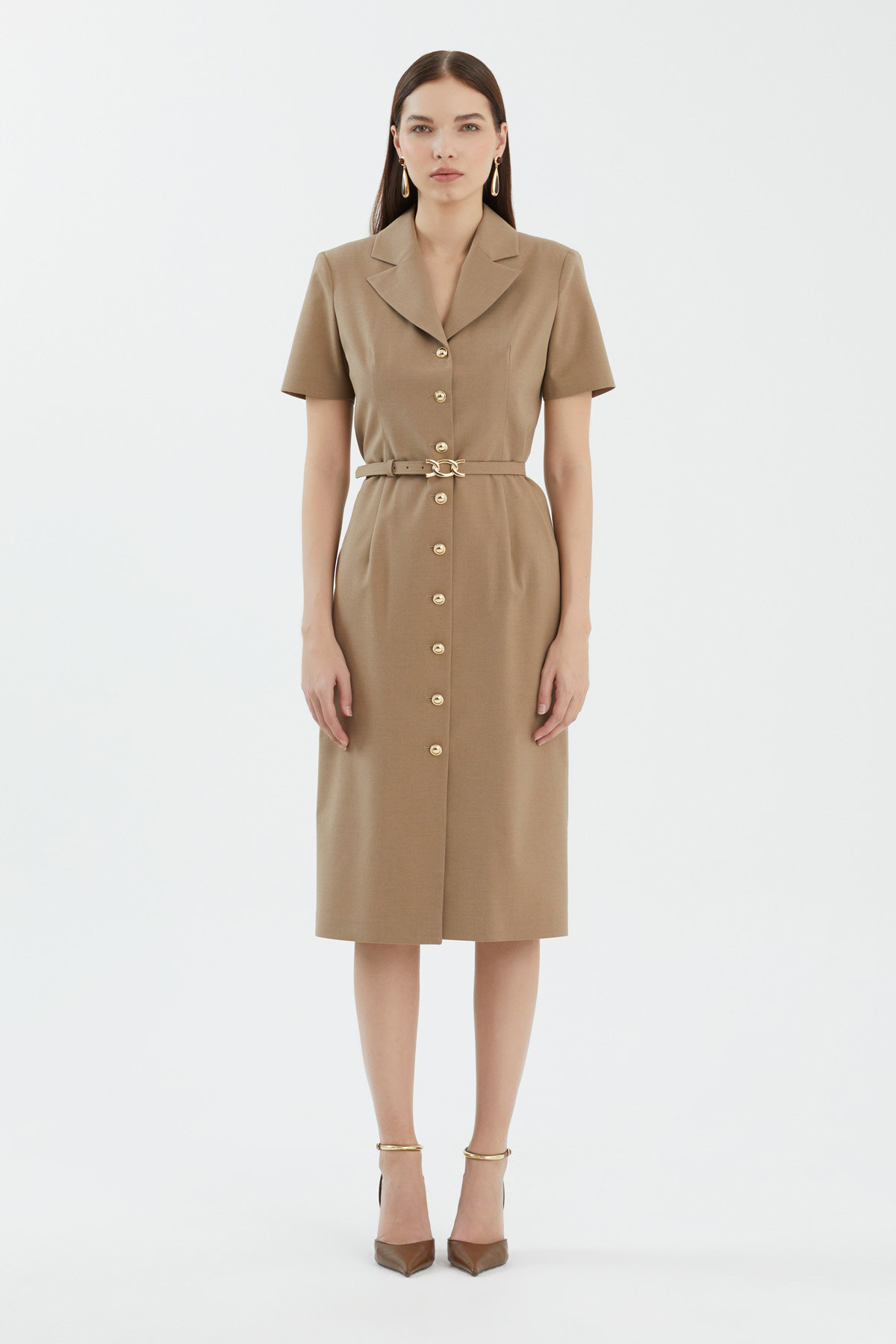 Kısa Kollu Kemerli Midi Boy Bej Elbise
