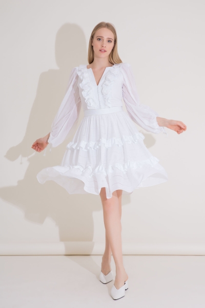 Gizia Ruffle Neck Detailed Embroidered, Pleated Mini Length Voile White Dress. 1