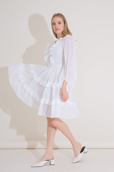 Gizia Ruffle Neck Detailed Embroidered, Pleated Mini Length Voile White Dress. 2