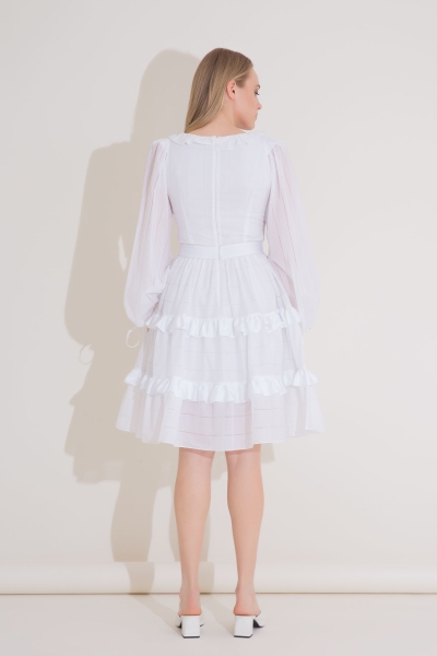 Gizia Ruffle Neck Detailed Embroidered, Pleated Mini Length Voile White Dress. 3