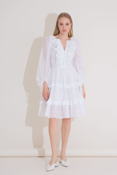 Gizia Ruffle Neck Detailed Embroidered, Pleated Mini Length Voile White Dress. 4