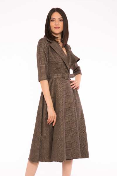 Gizia Plaid And Asymmetrical Collar Detailed Midi Brown Dress. 1
