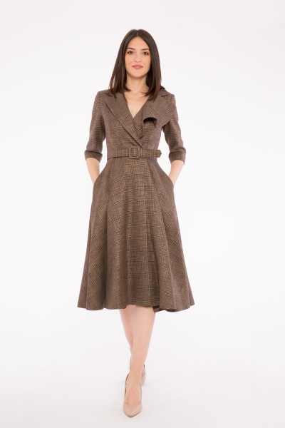 Gizia Plaid And Asymmetrical Collar Detailed Midi Brown Dress. 2
