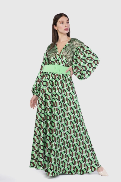 Gizia Large And Small Geometric Patterned Long Green Dress. 1
