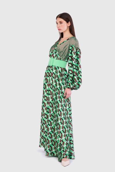 Gizia Large And Small Geometric Patterned Long Green Dress. 2