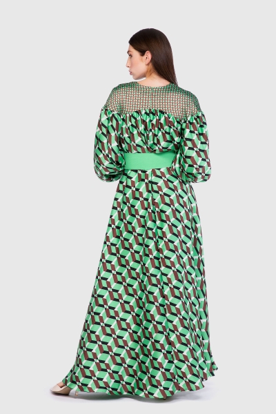 Gizia Large And Small Geometric Patterned Long Green Dress. 3