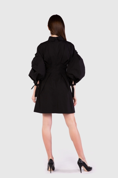 Gizia İşleme Detaylı Hacimli Kollu Mini Siyah Elbise. 3