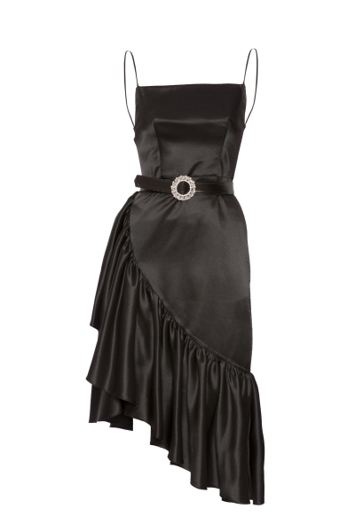 Gizia Spaghetti Strap Stone Belted Volan Skirt Midi Evening Dress. 1