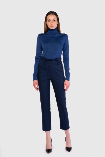 High Waist Belt Detailed Skinny Leg Navy Blue Trousers | Gizia