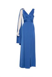 Gizia Asymmetric Stone Buckle Detailed Long Satin Blue Dress. 2