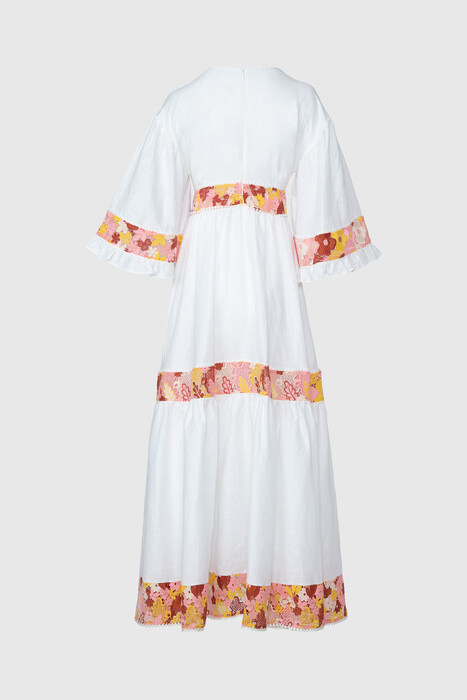 Gizia V-Neck Floral Patterned Ecru Long Dress. 2
