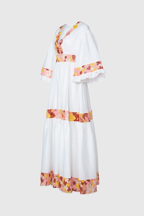 Gizia V-Neck Floral Patterned Ecru Long Dress. 3