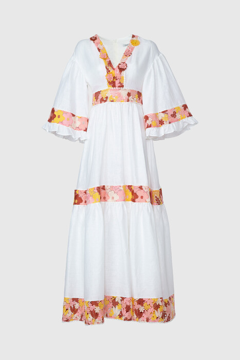 Gizia V-Neck Floral Patterned Ecru Long Dress. 1