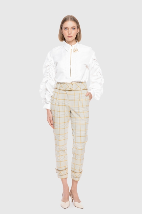 Gizia High Waist Leather Piping Detail Plaid Jogger Pants. 1