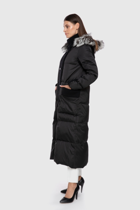 Knitwear Detailed Fur Hooded Gray Long Inflatable Coat