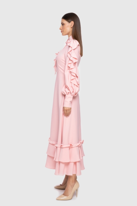 Gizia Flounce And Embroidered Detail Stand Up Collar Pink Crepe Dress. 2