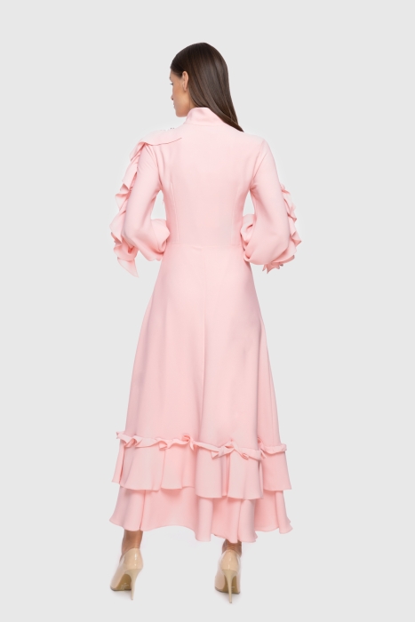 Gizia Flounce And Embroidered Detail Stand Up Collar Pink Crepe Dress. 3