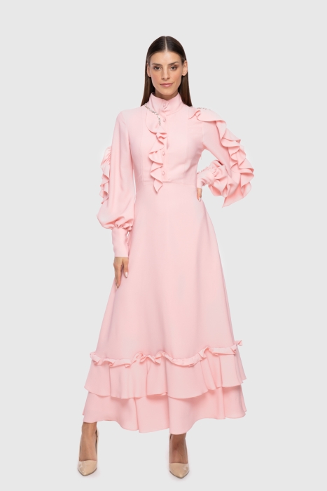 Gizia Flounce And Embroidered Detail Stand Up Collar Pink Crepe Dress. 1