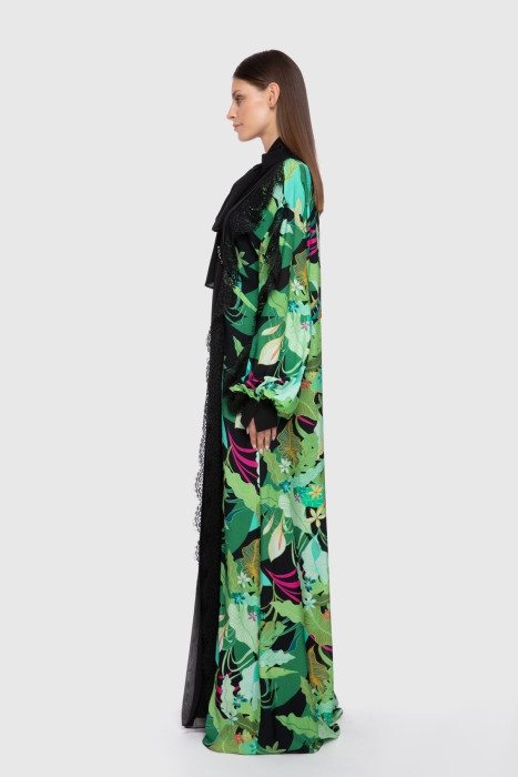 Gizia Embroidered Patterned Long Green Chiffon Dress With Lace And Plain Chiffon Garnish. 2