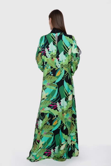 Gizia Embroidered Patterned Long Green Chiffon Dress With Lace And Plain Chiffon Garnish. 3