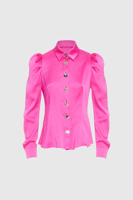 Gizia Button Detailed Sleeve Pleated Pink Crepe Shirt. 1
