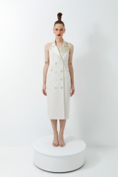 Gizia Satin Collar Detailed Off-the-Shoulder Midi Length Beige Coat Dress. 3