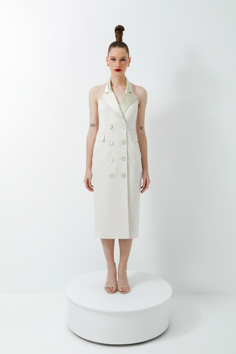 Gizia Satin Collar Detailed Off-the-Shoulder Midi Length Beige Coat Dress. 1