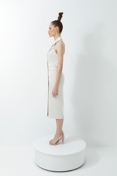 Gizia Satin Collar Detailed Off-the-Shoulder Midi Length Beige Coat Dress. 2