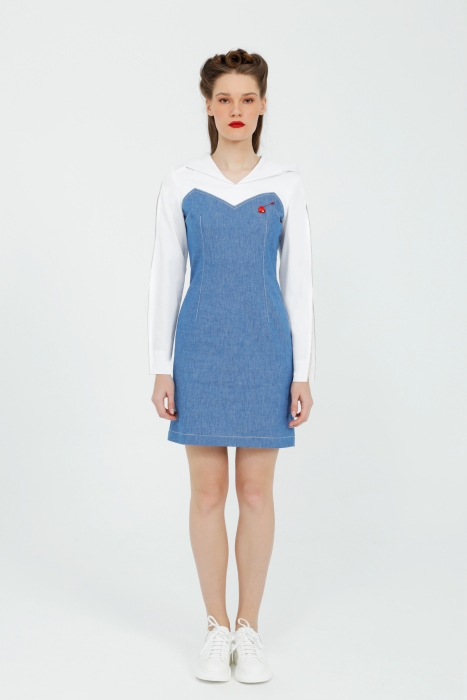 Gizia Blue Mini Dress With Hooded Sleeve Zipper Detail Heart Brooch. 1