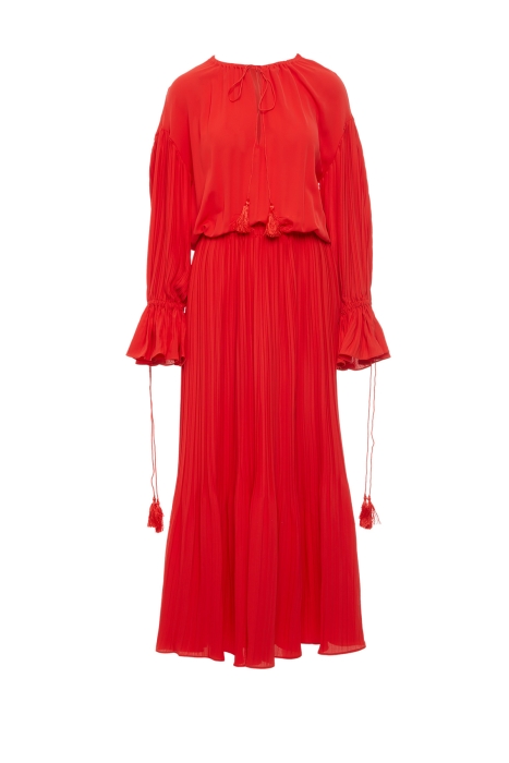 Gizia Red Pleated Dress With Tassel And Cord Accessories. 1