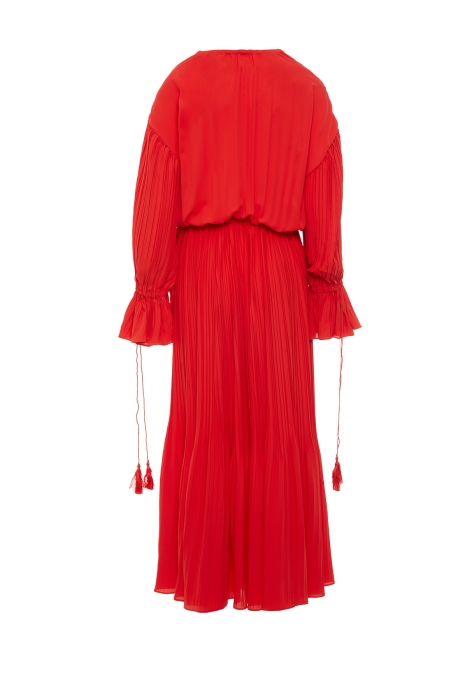 Gizia Red Pleated Dress With Tassel And Cord Accessories. 3