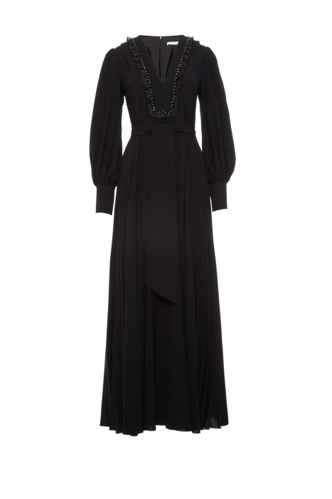 Gizia Embroidered Pleated Black Dress With Collar Detail. 1
